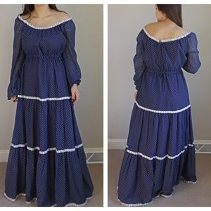 1970s Vintage Polka Dot Navy Prairie Maxi Dress